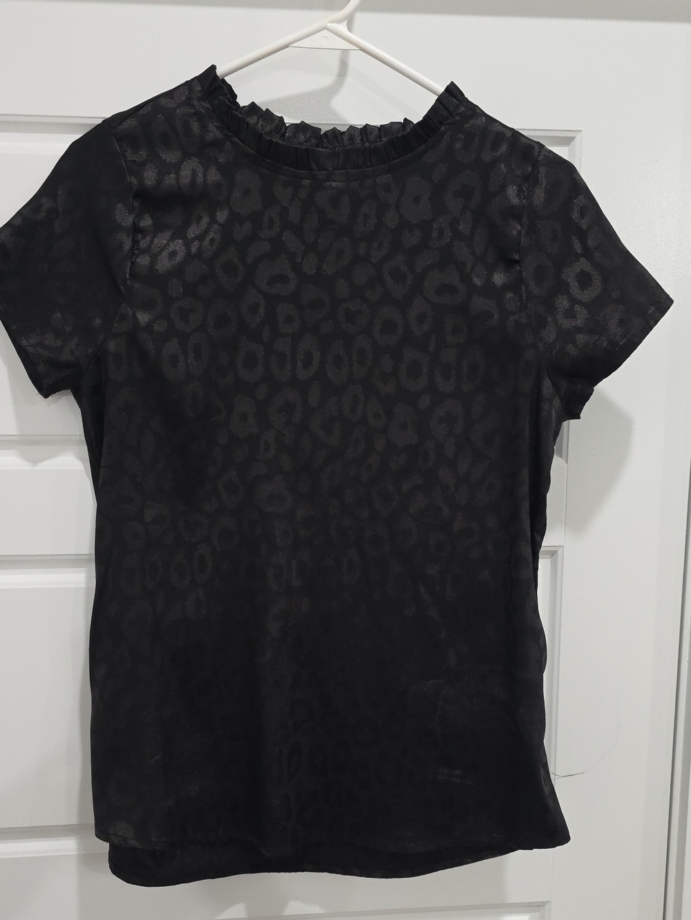 Savanna Jane Black Leopard Jacquard Ruffle Neck Short Sleeve Top